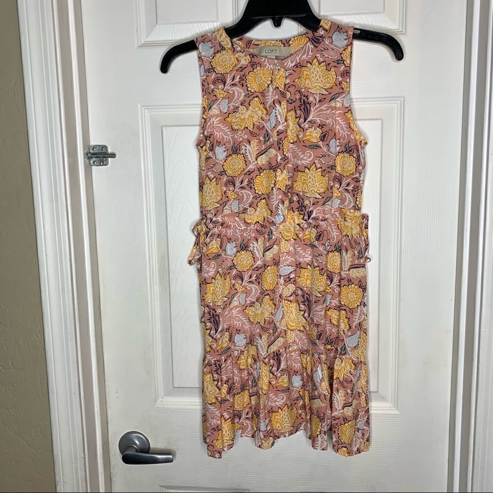 Loft Extra Small Pink Yellow Floral Elastic Waist Sleeveless W/ Pockets Dress